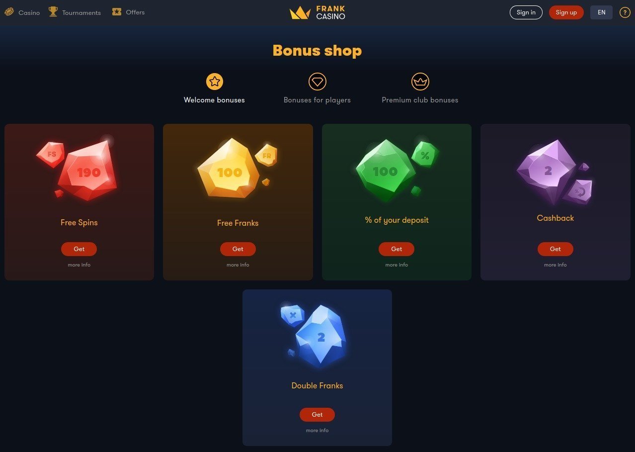 frank casino welcome bonuses