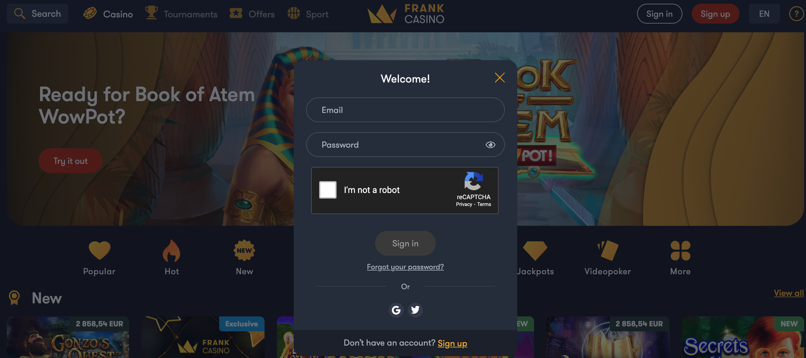 frank casino sign in
